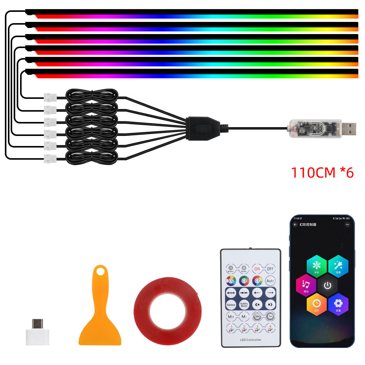 10 in 1 Car LED Acrylic Light Strip RGB Symphony Auto Interior Strip Lights Remote/APP Control Decorative Atmosphere Lamp